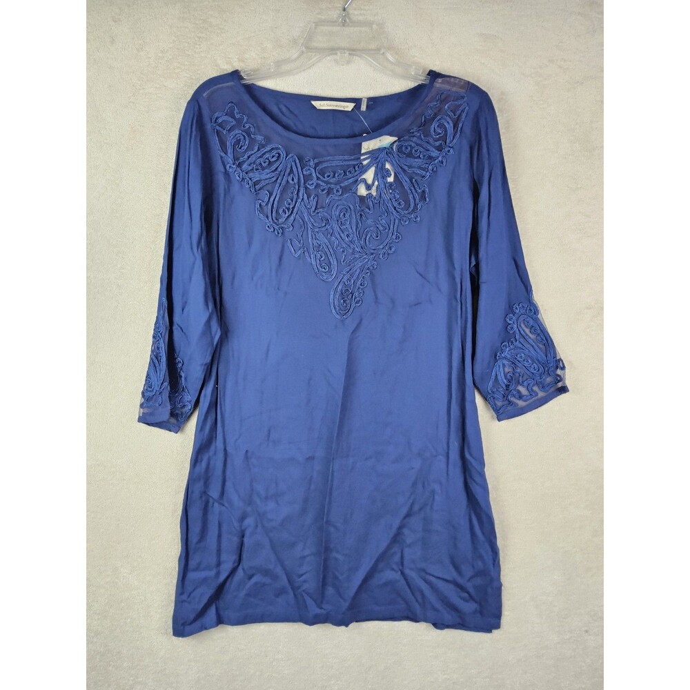 Soft Surroundings Women's 3/4 Sleeve Embroidered Rayon Blouse Top Navy Size 2